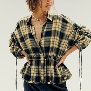 NWT Free People 3/4 Green Plaid Pacific Dawn Shirt Size M
